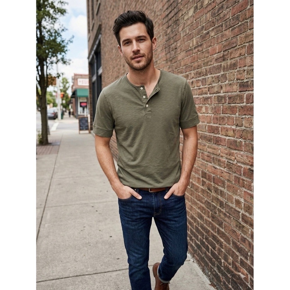 Madewell Mens Short Sleeve Henley T-Shirt Olive Green Cotton Slub Size S